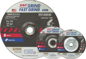UA® SAIT® 20160 Depressed Center Wheel, 4-1/2 in Wheel Dia, 1/4 in Wheel Thickness, 5/8-11 in Center Hole, 24 Grit, Aluminum Oxide Abrasive