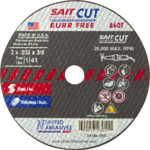 United Abrasives SAIT® 23041 Cut-Off Wheel, 3 in Wheel Dia, 1/16 in Wheel Thickness, 3/8 in Center Hole, 060 Grit, Aluminum Oxide Abrasive