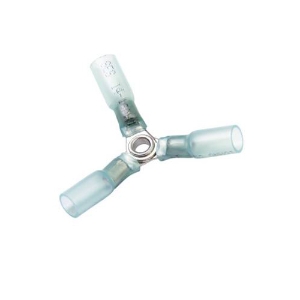 Y-Butt Connector, Heat Shrink, 16 to 14 AWG Conductor, Blue, 1000 V, Specifications: Size: 8 Stud, 105 deg C deg C