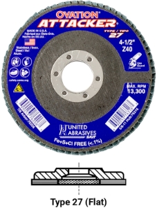 UA® SAIT® 76208 Coated Abrasive Flap Disc, 4-1/2 in Disc Dia, 7/8 in Center Hole, 60 Grit, Coarse Grade, Zirconium Abrasive, Type 27 Flat Disc