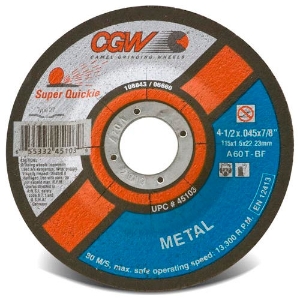 CGW® 45103 Cut-Off Wheel, 4-1/2 in Wheel Dia, 0.045 in Wheel Thickness, 7/8 in Center Hole, 60 Grit, Aluminum Oxide Abrasive