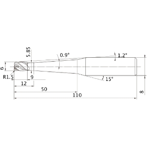 Mitsubishi 568721 End Mill, 6 mm Cutter Dia, 1.5 mm Corner Radius, 9 mm Length of Cut, 4 Flutes, 110 mm Overall Length, VF