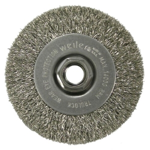 Weiler® 13081 Narrow Face Wheel, 4 in Brush Dia, 1/2 in Face Width, 0.014 in Filament/Wire Diameter, Crimped Wire, 5/8-11 UNC in Arbor Hole