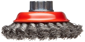 Norton® 66252833483 Heavy Duty Saucer Cup Brush, 4 in Dia Brush, 5/8-11 Arbor Hole, 0.02 in Dia Filament/Wire, Twist Knot, Carbon Steel Fill