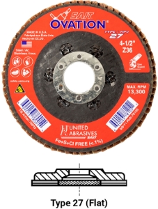 UA® SAIT® 78006 Coated Abrasive Flap Disc, 4-1/2 in Disc Dia, 7/8 in Center Hole, 40 Grit, Coarse Grade, Zirconia Abrasive, Type 27 Disc