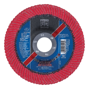 PFERD Polifan® 67689066 Special Line SGP CO-CURVE Unthreaded Coated Abrasive Flap Disc, 5 in Dia, 7/8 in Center Hole, 60 Grit, Ceramic Oxide Abrasive, Type PFR/Radial Disc