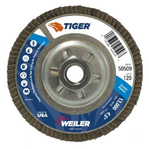 Weiler® Tiger® Aluminum 50509 Coated Abrasive Flap Disc, 4-1/2 in Disc Dia, 5/8-11 in Center Hole, 120 Grit, Fine Grade, Zirconia Alumina Abrasive, Type 29 Conical Disc