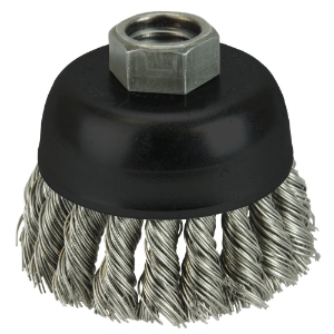 Weiler® 13258 Cup Brush, 2-3/4 in Brush Dia, 5/8-11 UNC in Arbor Hole, 0.02 in Filament/Wire Diameter, Knot Wire, Stainless Steel Fill