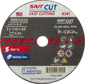 United Abrasives SAIT® 23067 Cut-Off Wheel, 4 in Wheel Dia, 1/16 in Wheel Thickness, 1/4 in Center Hole, 036 Grit, Aluminum Oxide Abrasive